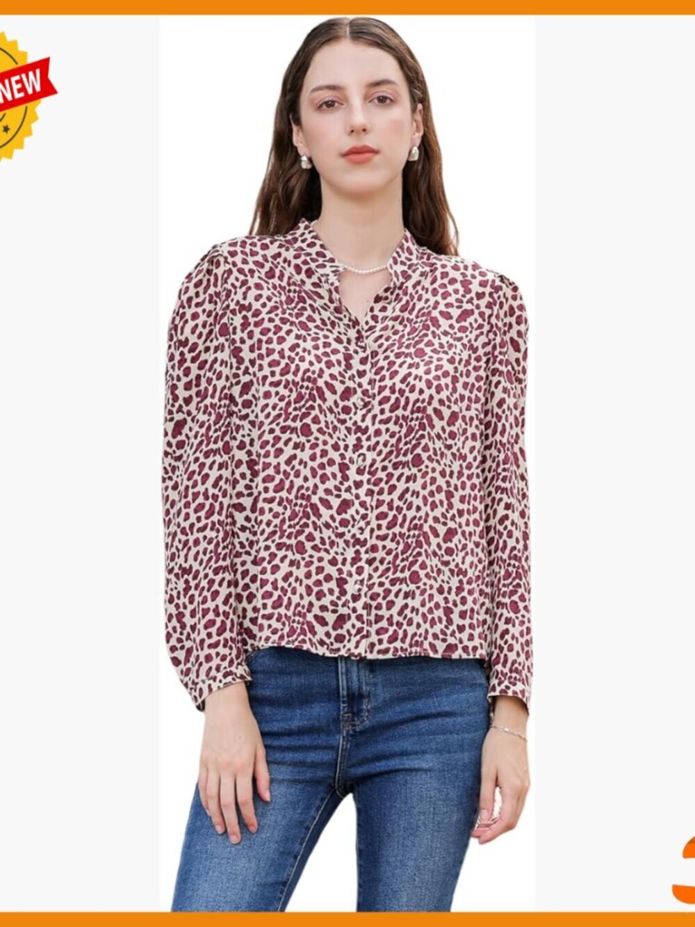 100% Mulberry Silk Blouse Leopard Print Puff Sleeve Button Down Top
